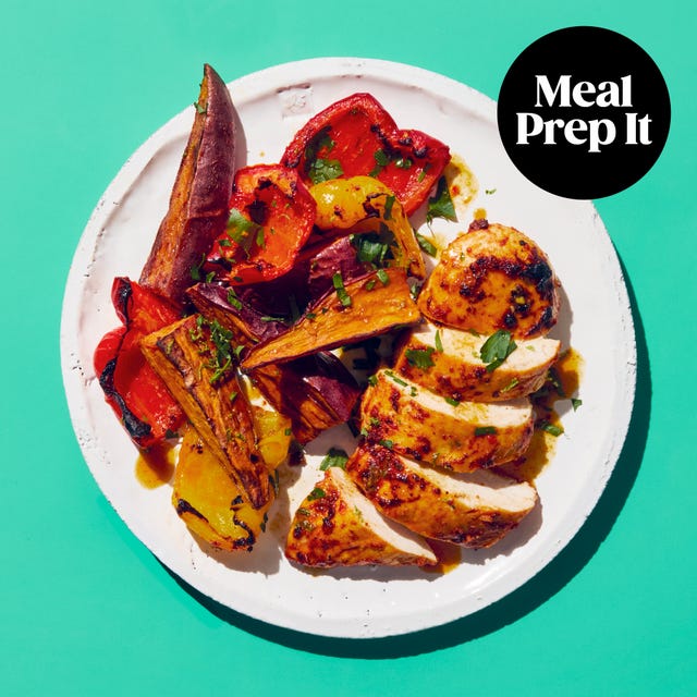 taco spiced chicken and peppers with sweet potato wedges