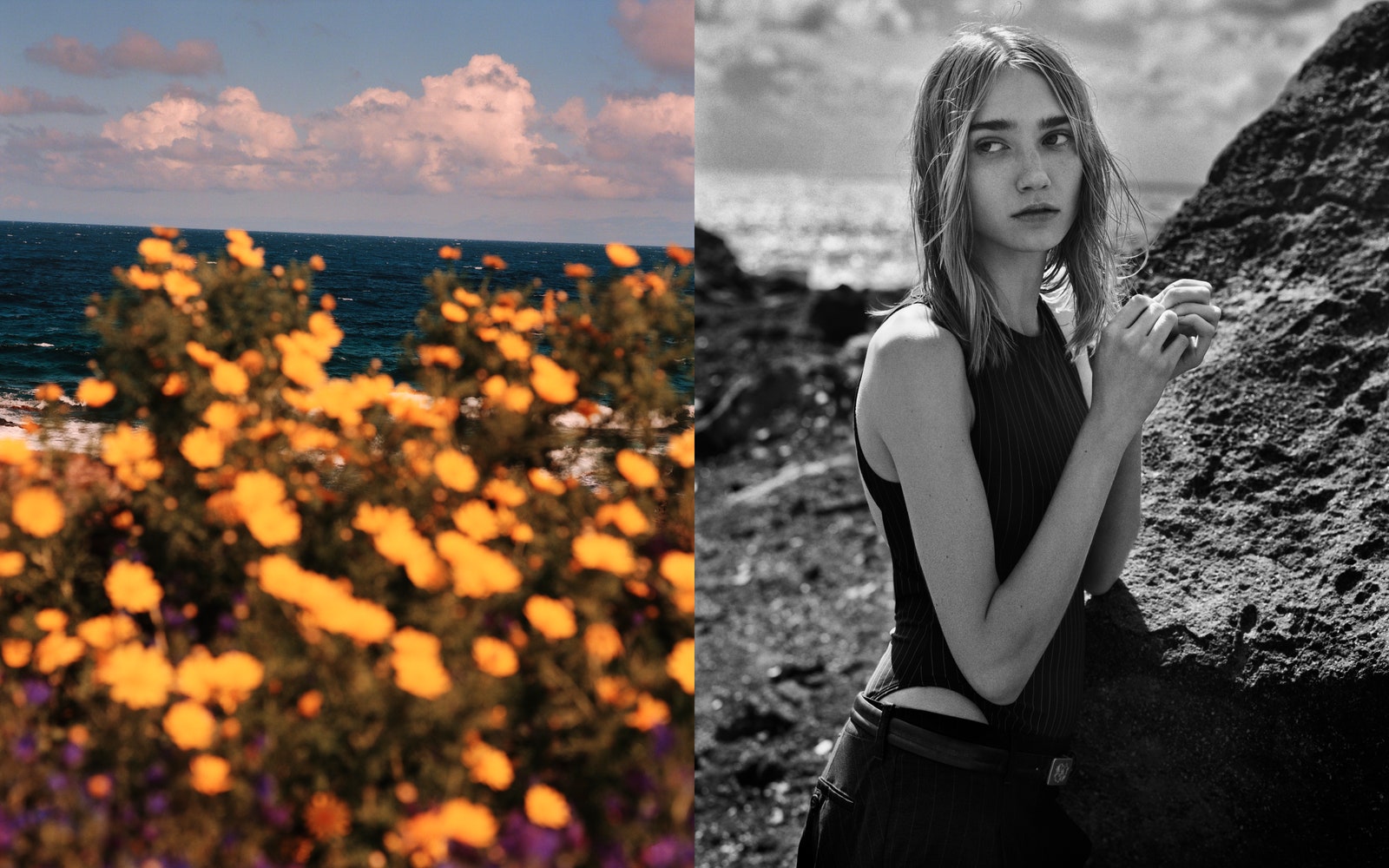 Image may contain Photography Rock Face Head Person Portrait Adult Flower Petal Plant Daisy Outdoors and Nature